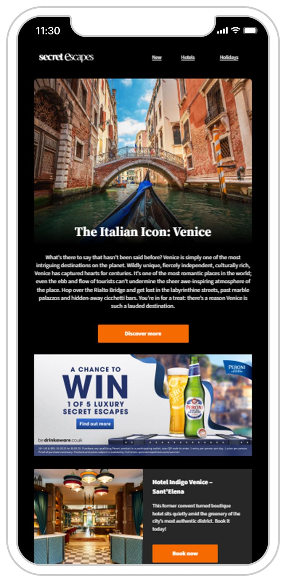 Secret Escapes & Peroni promotional email