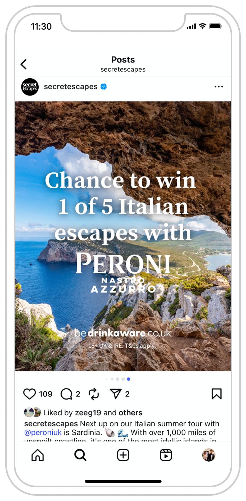 Secret Escapes & Peroni Instagram post